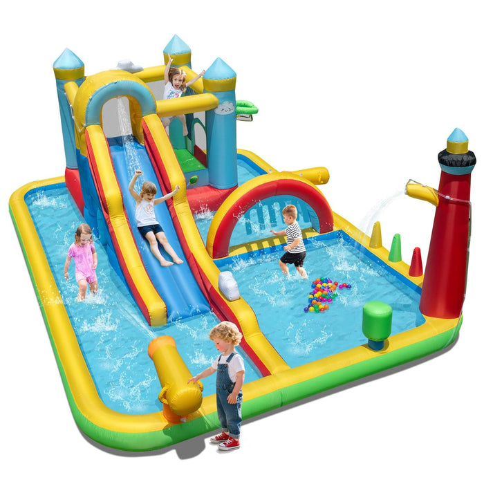 Inflatable Water Slide, Giant Water Park w/ Long Slide, Jumping Area, Climbing Wall, Splash Pools