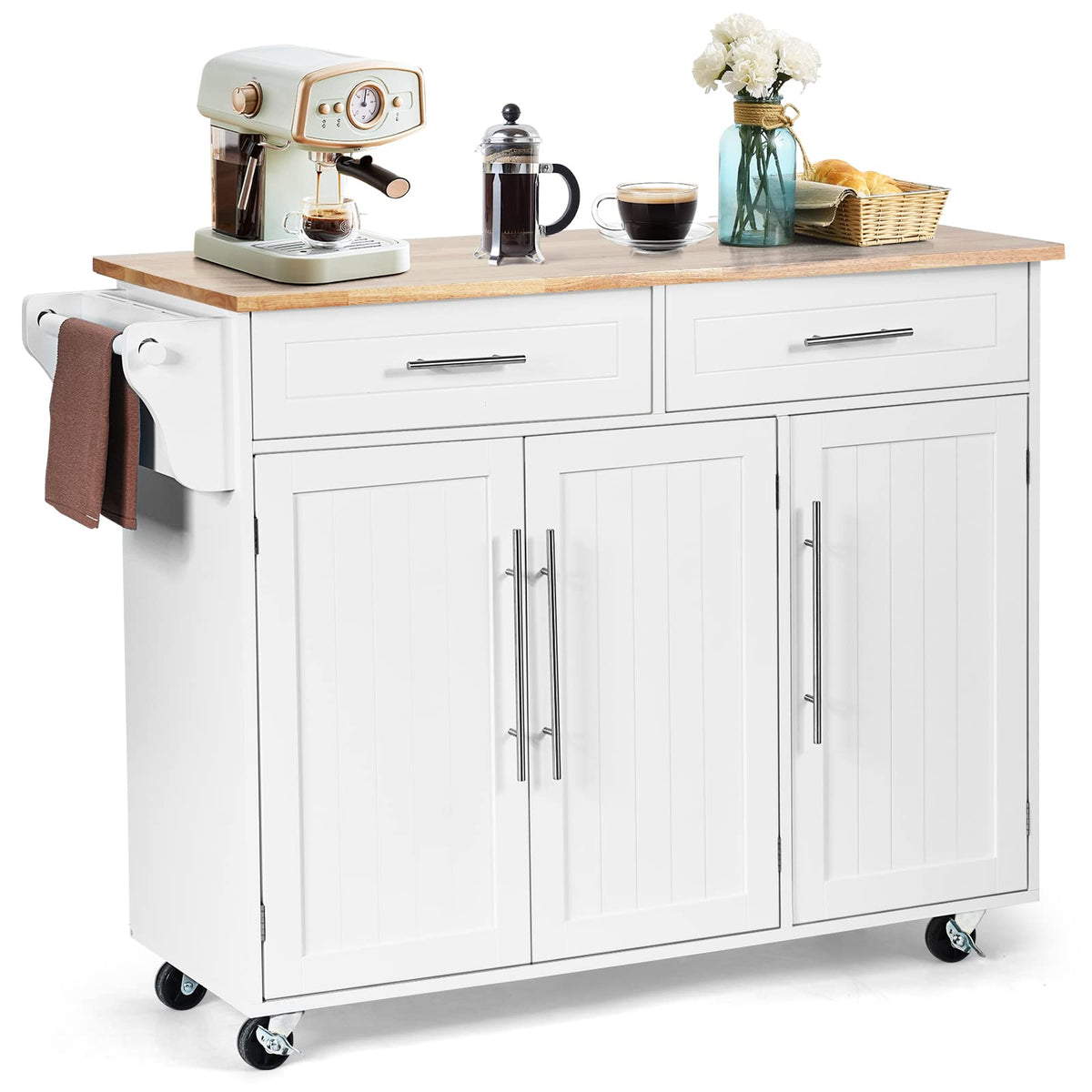 Giantex Mobile Kitchen Island Cart, Rolling Storage Trolley with Towel Bar, 2 Deep Drawers, 3 Door Cabinets