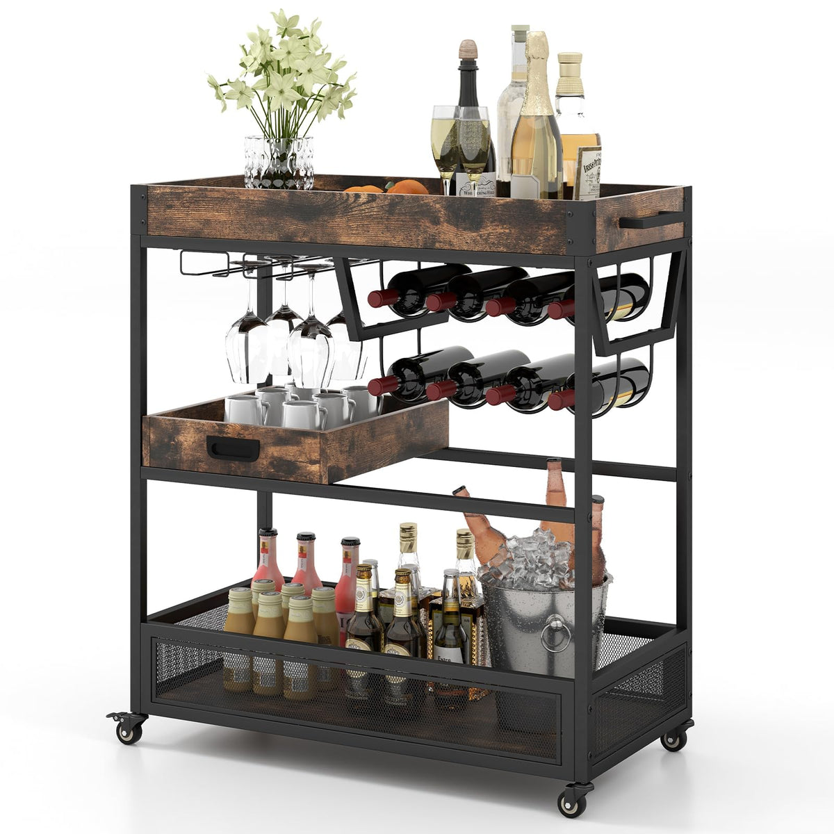Giantex Rolling Bar Cart, 3-Tier Industrial Buffet Serving Cart with Wine Rack