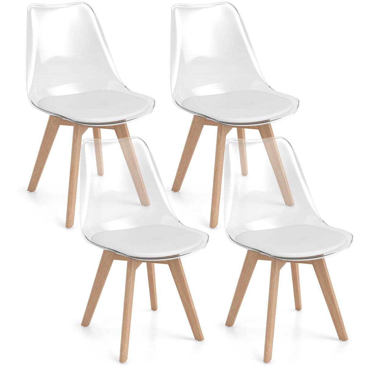 4-Pack Clear Dining Chairs with Wood Legs & PU Cushion