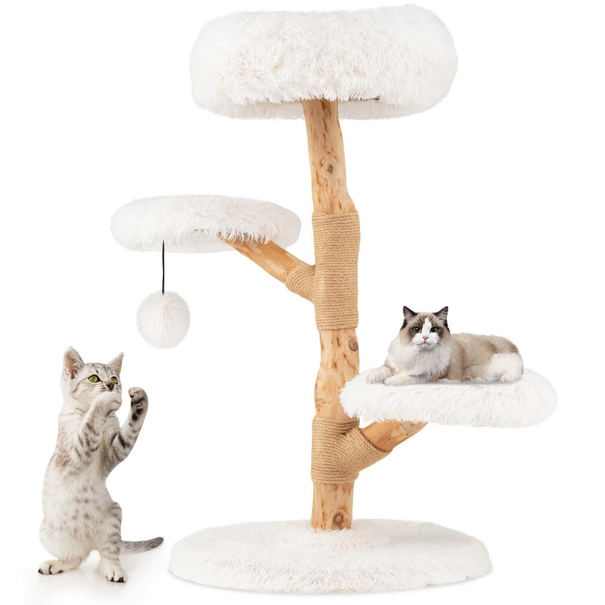 Modern Wood Branch Cat Tree with Jute Scratching Post and Padded Perch