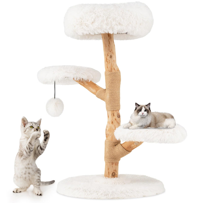 Modern Wood Branch Cat Tree with Jute Scratching Post and Padded Perch
