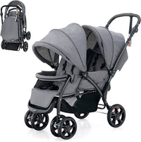 Foldable Tandem Stroller, Double Seat Baby Pram w/Adjustable Backrest, Push Handle and Footrest