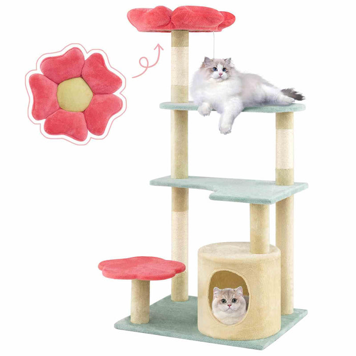 123 cm Tall Cat Tree, Multi-Level Aesthetic Floral Kitten Tower w/Flower-Shaped Plush Padded Perch