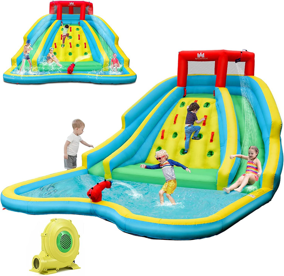 Inflatable Water Slide, 452 x 365 x 233CM Giant Water Park for Kids w/Double Long Slides, Climbing Wall(with 680W Blower)