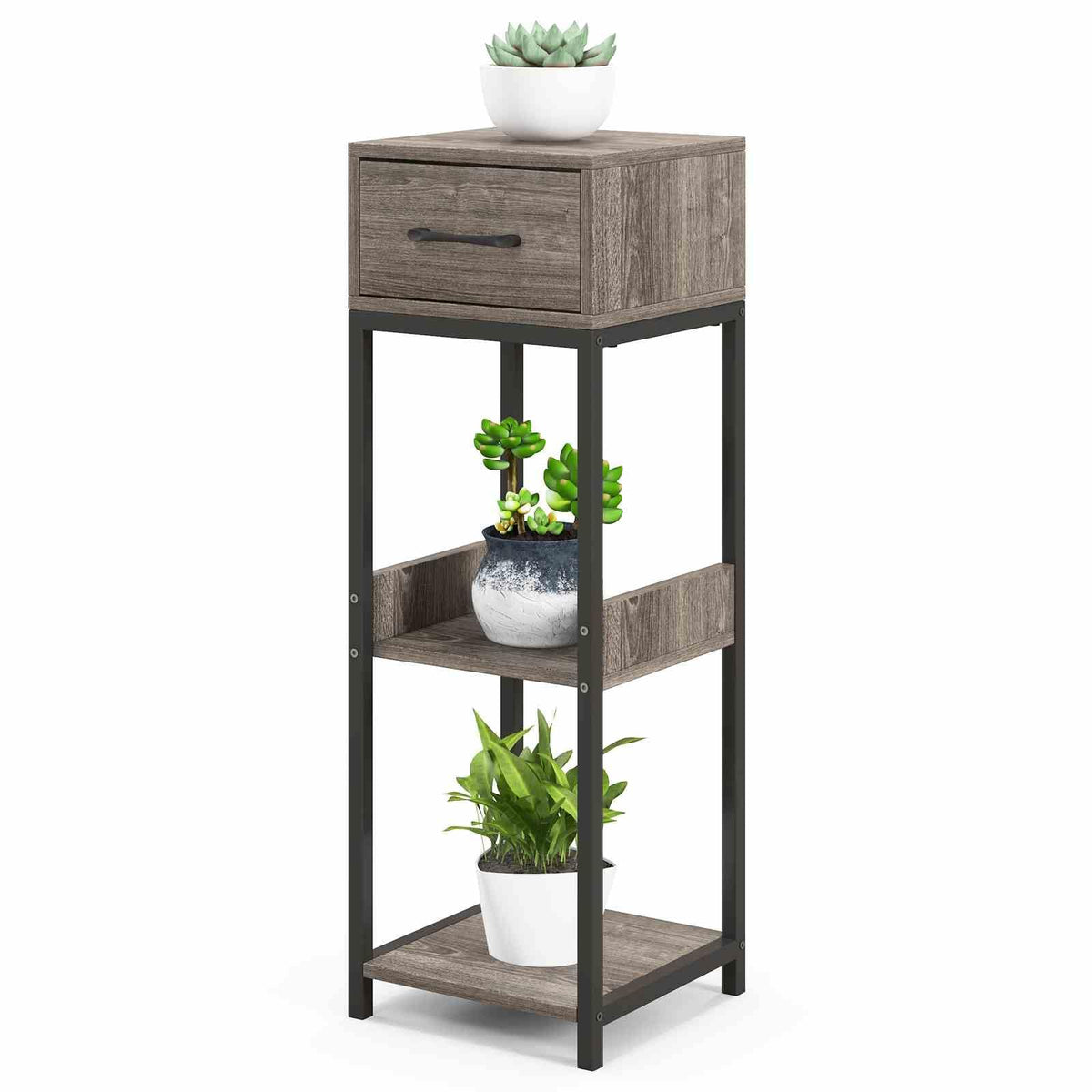 3 Tier Indoor Tall Plant Stand, Metal Plant Table with Drawer, Anti-Tipping Devices