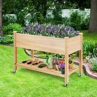 Elevated Wooden Planter Box with Lockable Wheels and Shelf