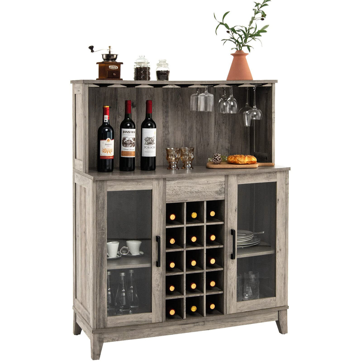 Giantex Freestanding Kitchen Buffet Cabinet, Wood 2-Door Sideboard w/Detachable Wine Rack & Glass Holder