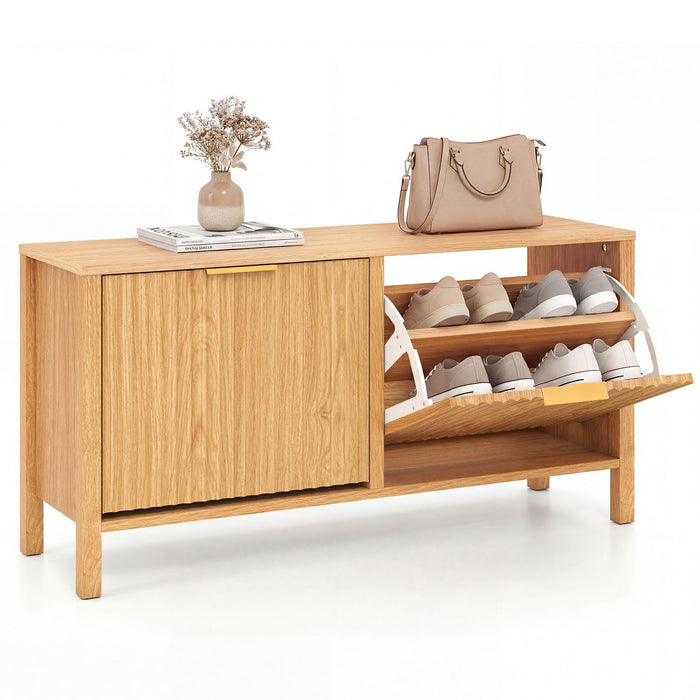 100CM Shoe Storage Bench, Narrow Wooden Entryway Bench with 2 Flip Drawers