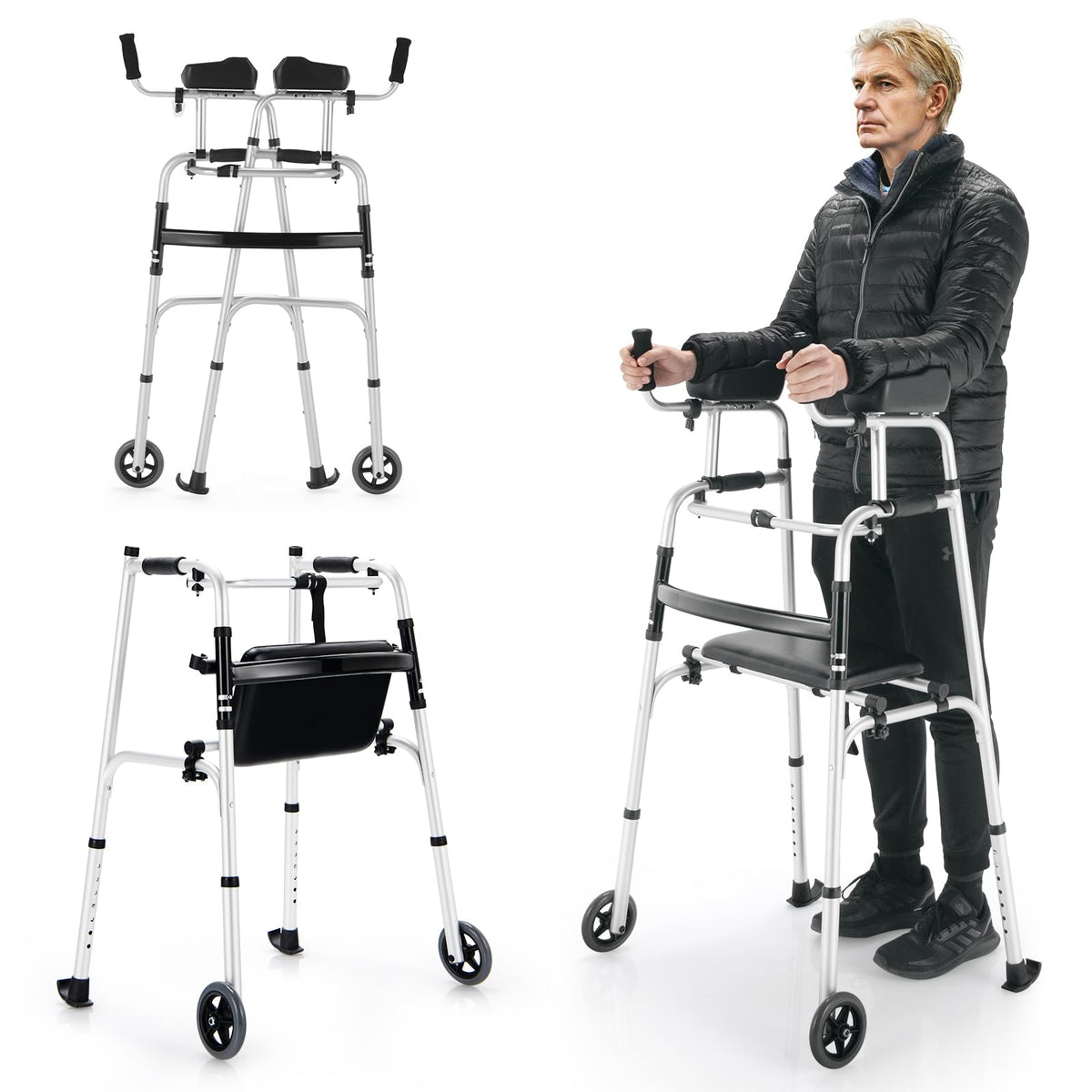 Folding Upright Walker with Seat Wheels and Removable Arm Support