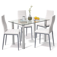 Giantex 5Pcs Dining Table Set w/Tempered Glass Top & High Backrest Chair, Steel Frame Table & 4 Leather Chairs