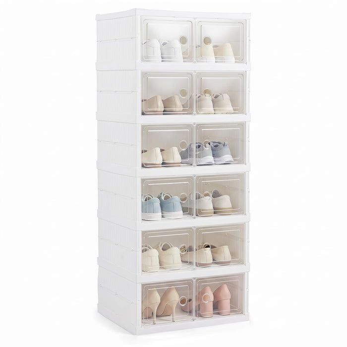 6-Tier Folding Plastic Shoe Organizer with Clear Doors and 12 Pairs for Entryway