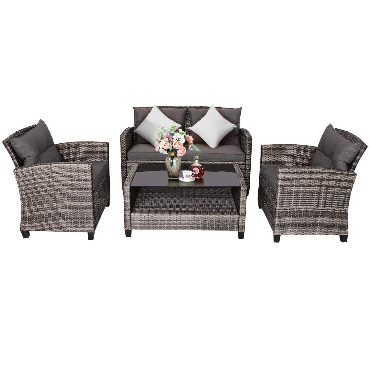 Outdoor Furniture Sofa Set, 4 Pcs Patio Rattan Conversation Set, w/ Tempered Glass Tabletop & Soft Cushions, Mixed Gray