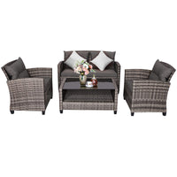 Outdoor Furniture Sofa Set, 4 Pcs Patio Rattan Conversation Set, w/ Tempered Glass Tabletop & Soft Cushions, Mixed Gray