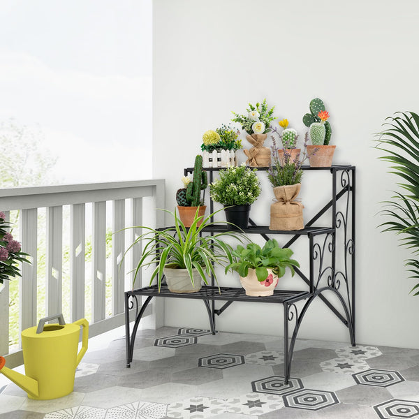 3-Tier Ladder Style Plant Rack with Widened Grid Shelf