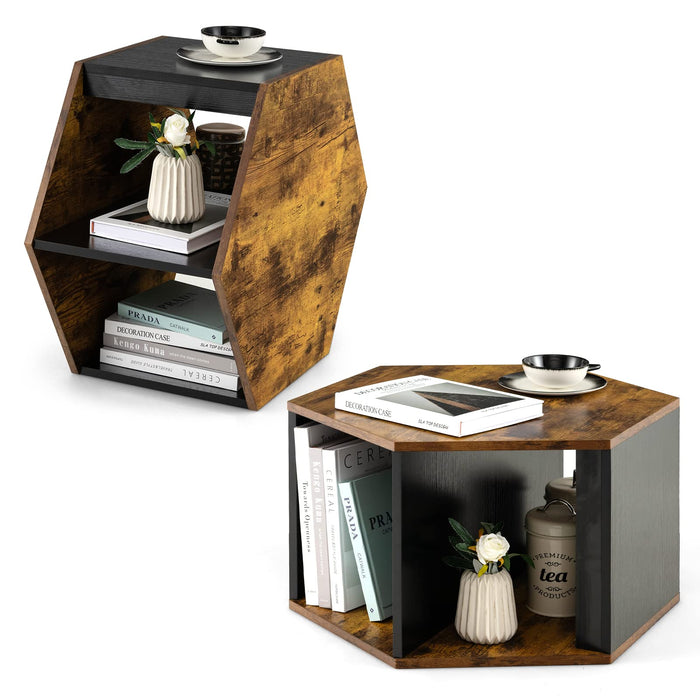 Giantex Hexagonal Coffee Table Set of 2, Stackable Tea Table with Open Storage Space & Storage Shelf , Black & Brown