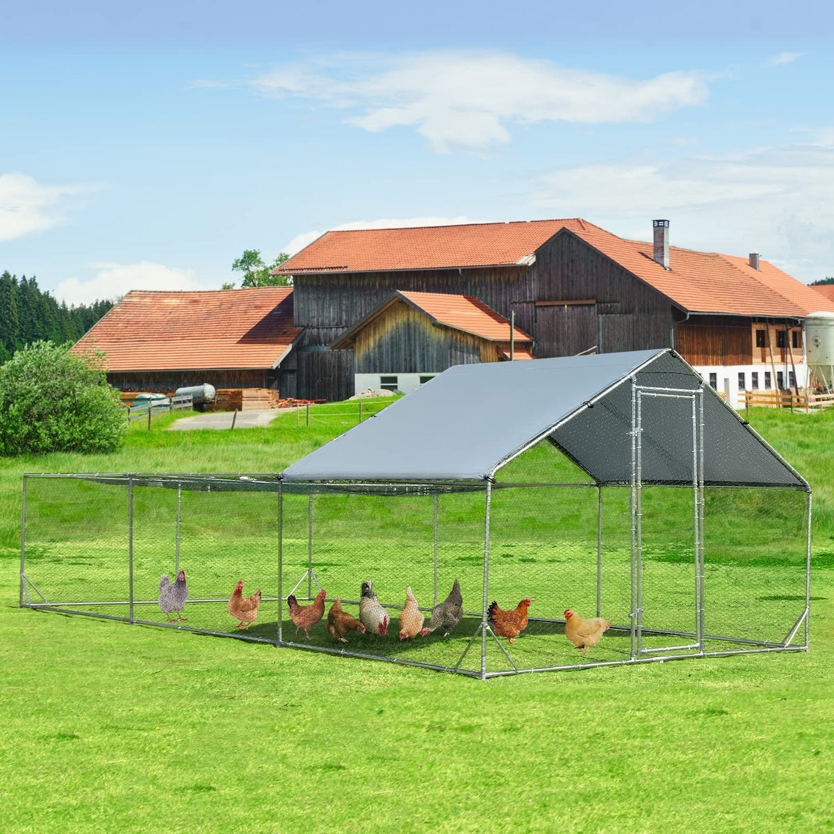 Large Metal Chicken Coop, Walk-in Poultry Cage Hen Rabbit Run House with Waterproof & Sun-Proof Cover