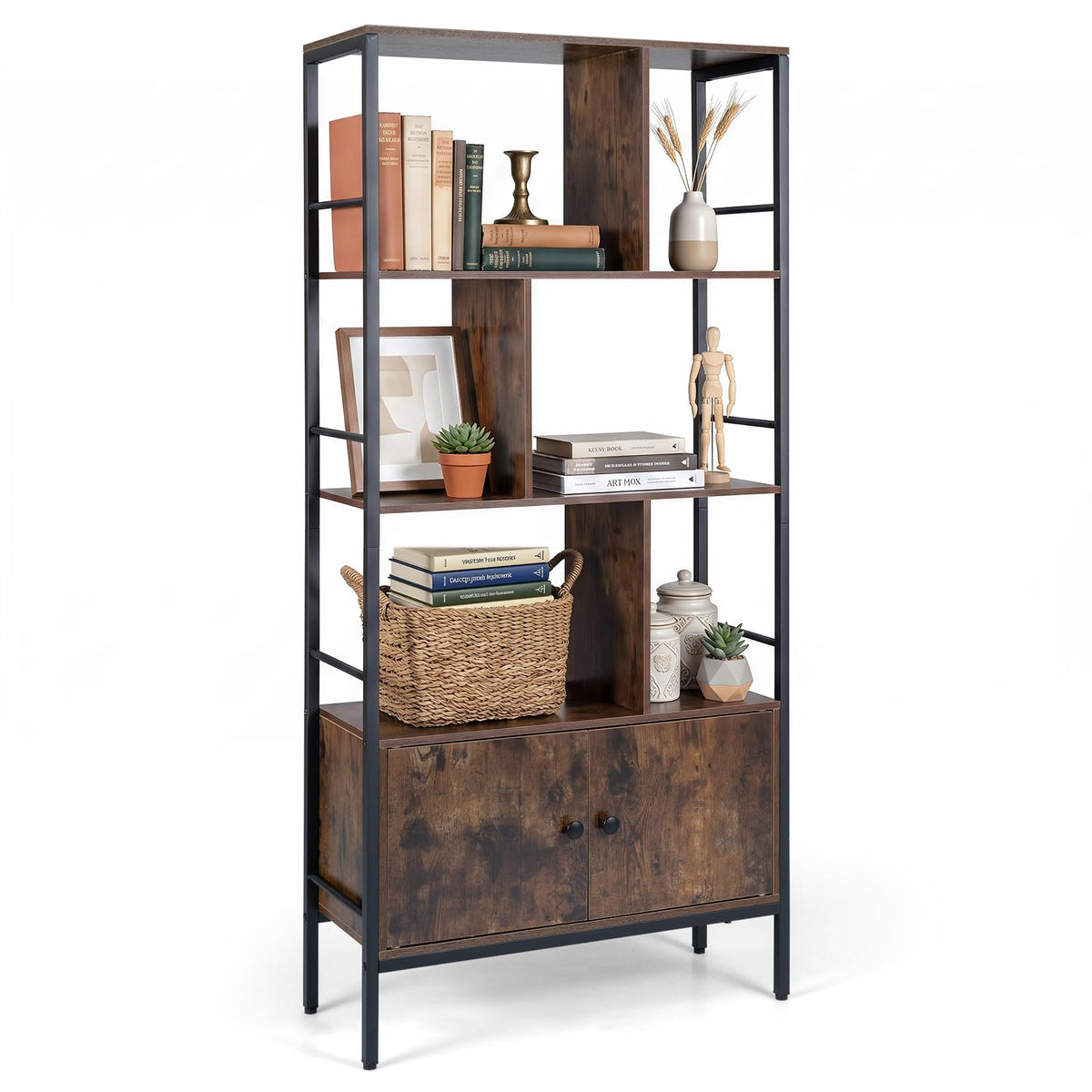 Industrial Tall Bookshelf with 3-Tier Shelves and 2-Door Cabinet for Living Room