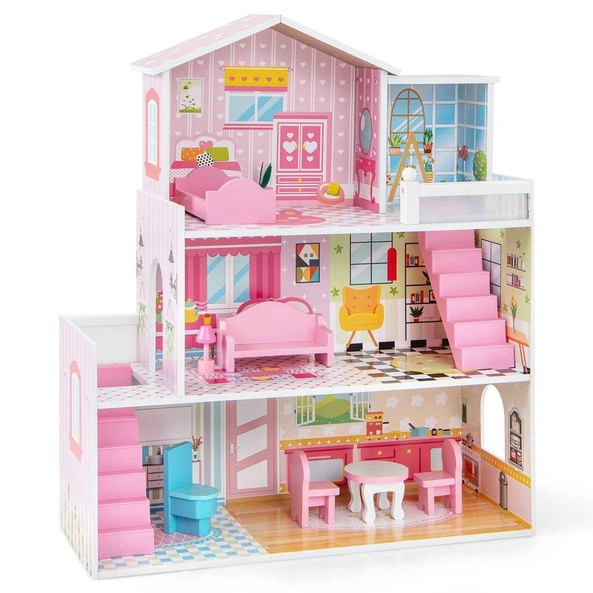 Kids Wooden Dollhouse with 5 Simulated Rooms & 10 Pieces of Furniture