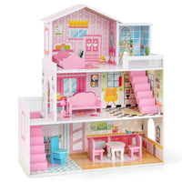 Kids Wooden Dollhouse with 5 Simulated Rooms & 10 Pieces of Furniture