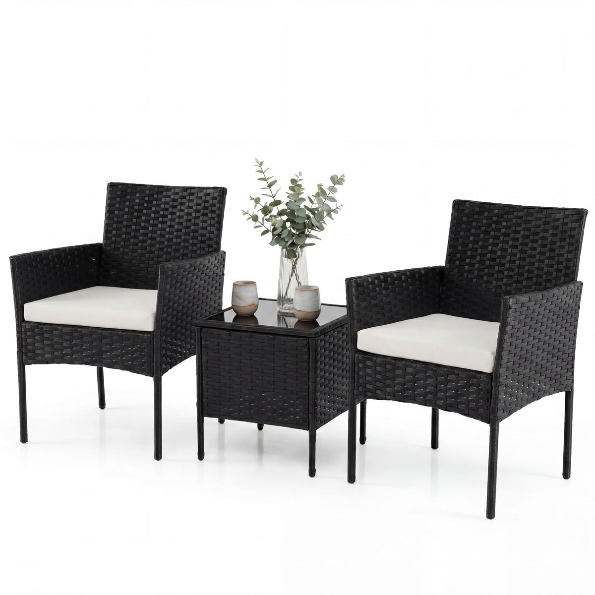 PE Rattan 3-Piece Patio Bistro Set with Tempered Glass Table