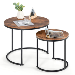 Giantex Set of 2 Round Nesting Coffee Table, Compact Stacking Side Tables w/ Wooden Tabletop & Powder-coated Steel Frame