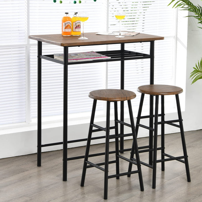 3Pcs Dining Table Stools Set, High Bar Table w/Storage Shelf, 2 Bar Stools w/Footrests (Teak)