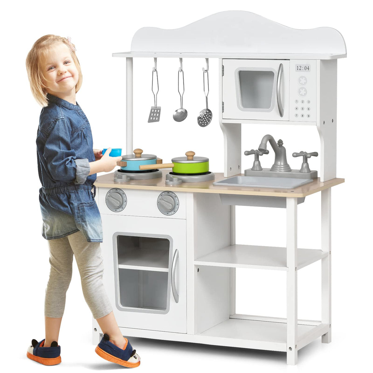 Kids Pretend Kitchen Play Set, Children Cooking Role Play Toy, w/ Sink, Oven, Microwave, Stove, Pots