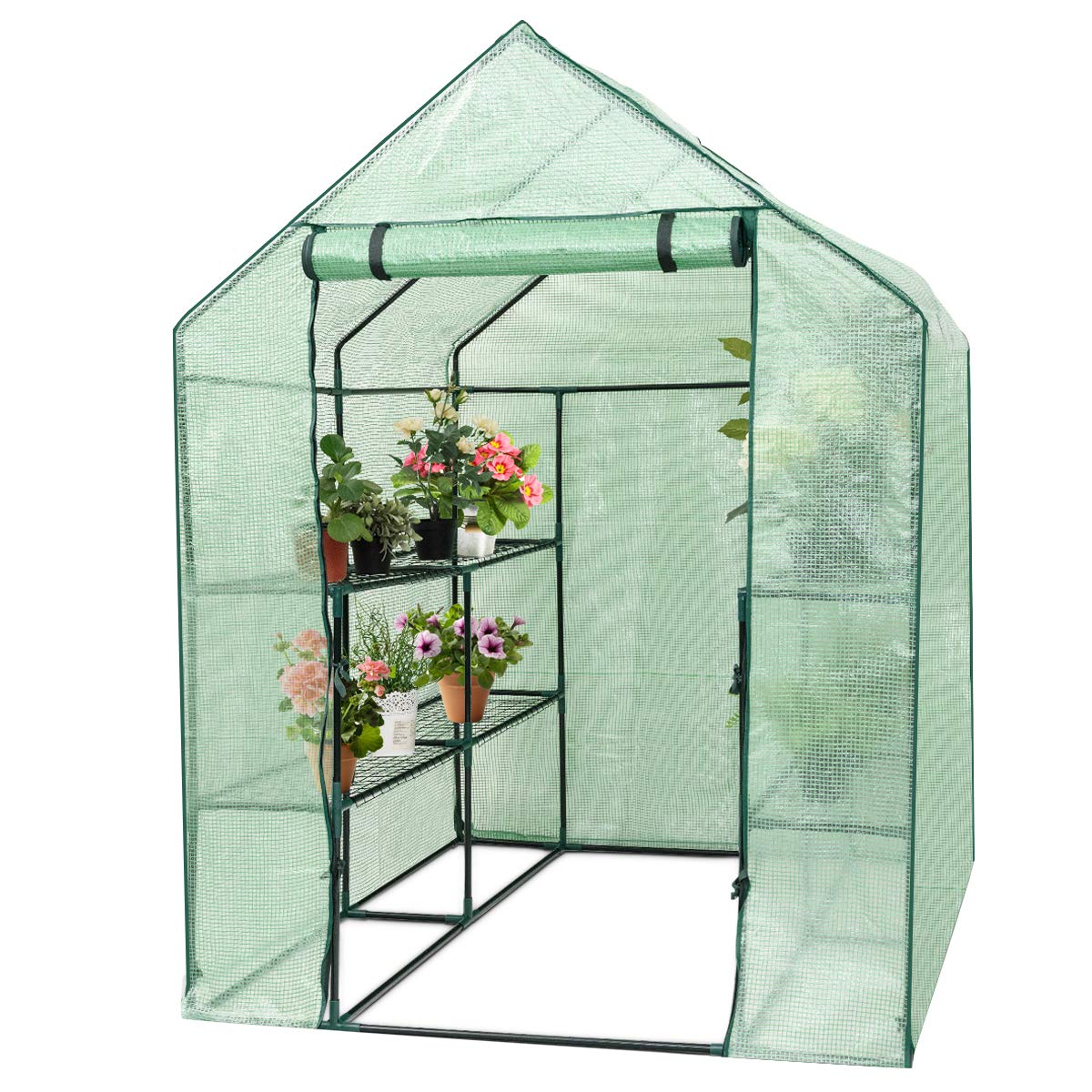 3 Tiers Outdoor Walk in Greenhouse, 12 Shelves Movable Green House Tunnel