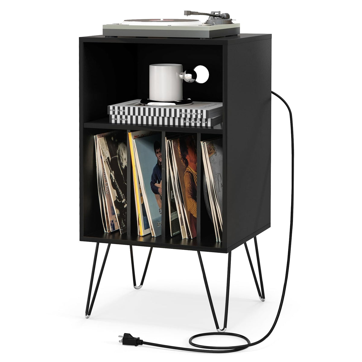 Record Player Stand w/Charging Station Turnable Nightstand Vinyl Storage Cabinet