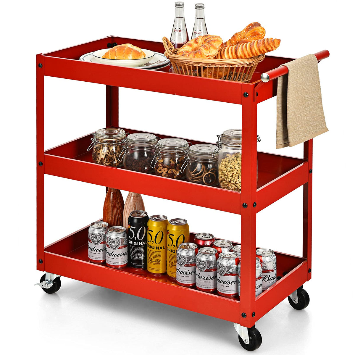 3-Tier Utility Cart, Heavy Duty Service Cart with Ample Storage Space & Humanized Handle