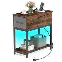 Narrow Side Table with Charging Station and LED Lights for Small Spaces and Living Room