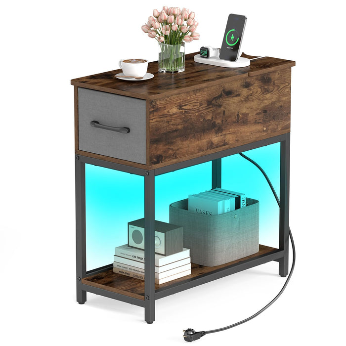 Narrow Side Table with Charging Station and LED Lights for Small Spaces and Living Room