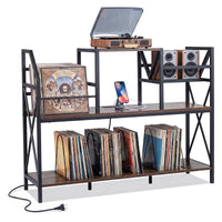Record Player Stand with Vinyl Storage and Power Outlets for Albums