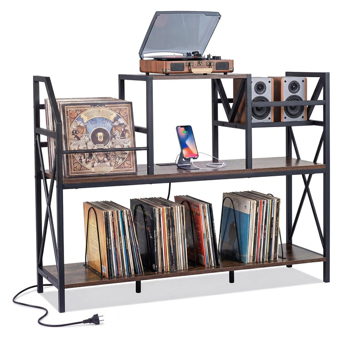 Record Player Stand with Vinyl Storage and Power Outlets for Albums