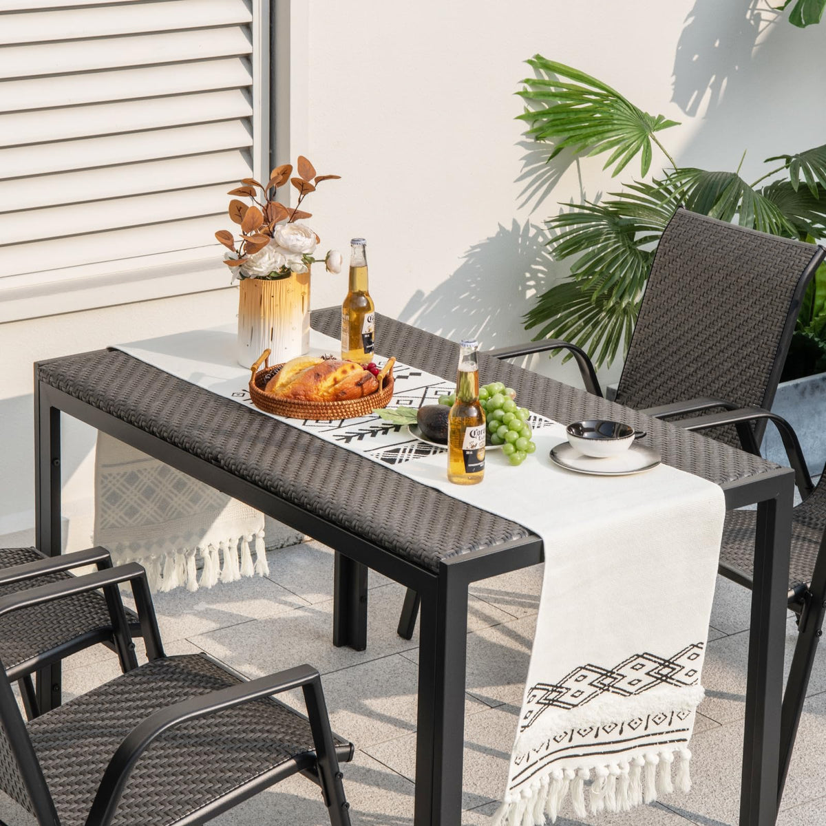 Patio 1.2 M Wicker Dining Table for 6 Rectangular Table with Rattan Tabletop