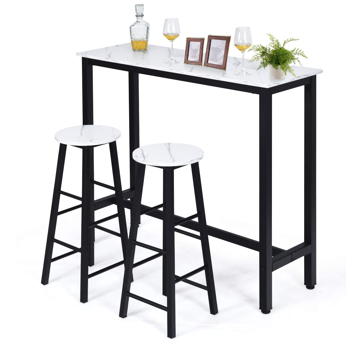 Dining Table Stools Set, 3PCS High Bar Table Set, w/Metal Frame & 2 Bar Stools