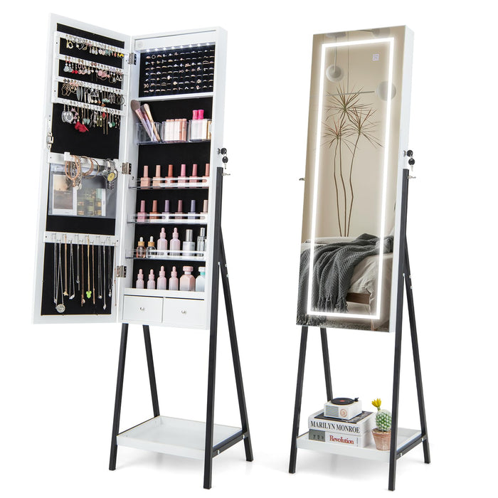 Giantex LED Standing Jewelry Mirror Cabinet, 160cm Lockable Jewelry Armoire Organizer with 3-Color Lighted Full-Length Mirror