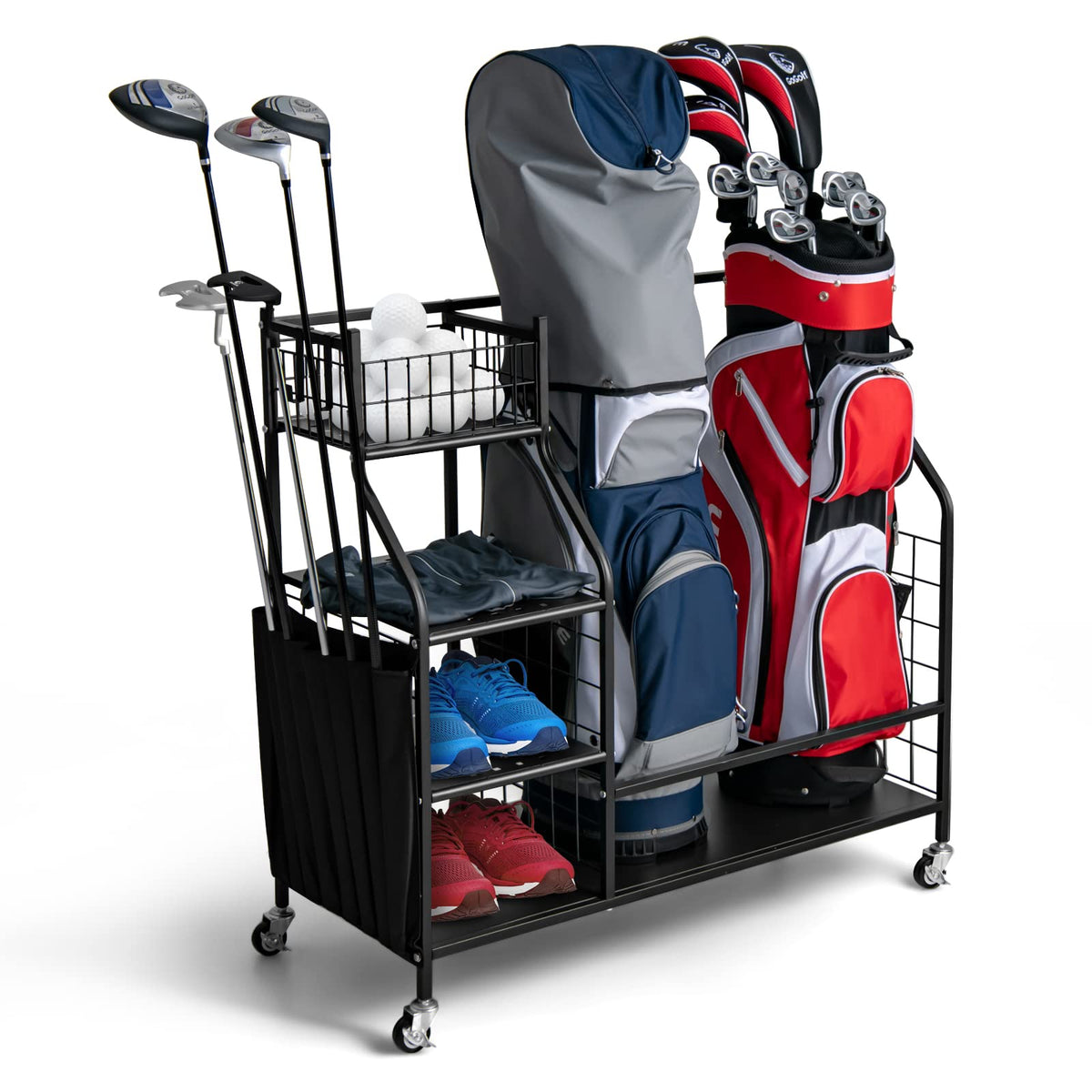 Golf Bag Storage Rack for Garage, Double Golf Bag Organizer w/Lockable Universal Wheels