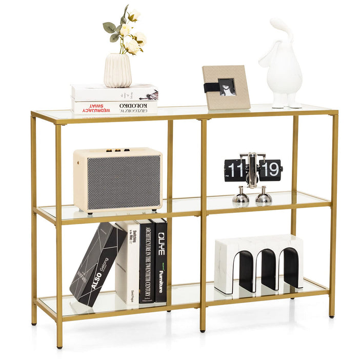 Giantex 3-Tier Glass Console Sofa Table, Narrow Couch Table with Tempered Glass Shelf & Gold Steel Frame