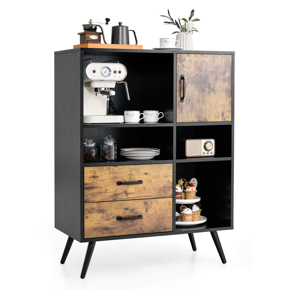 Giantex Mid-Century Buffet Sideboard, Industrial Kitchen Cupboard with Single Door, 2 Drawer & 4 Open Compartments