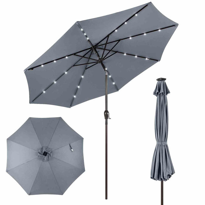3m Patio Umbrella Solar LED Lighted Tilt Adjustment Crank Parasol Garden Beach