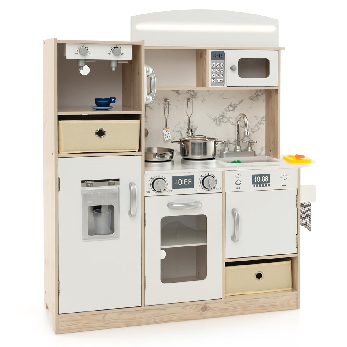 Wooden Pretend Play Kitchen with Deluxe LED Lighting Effects for Boys & Girls