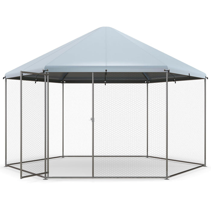 Metal Chicken Coop, Chicken Run House Spire-Shaped Cage w/Wire Mesh & Lockable Door for Duck