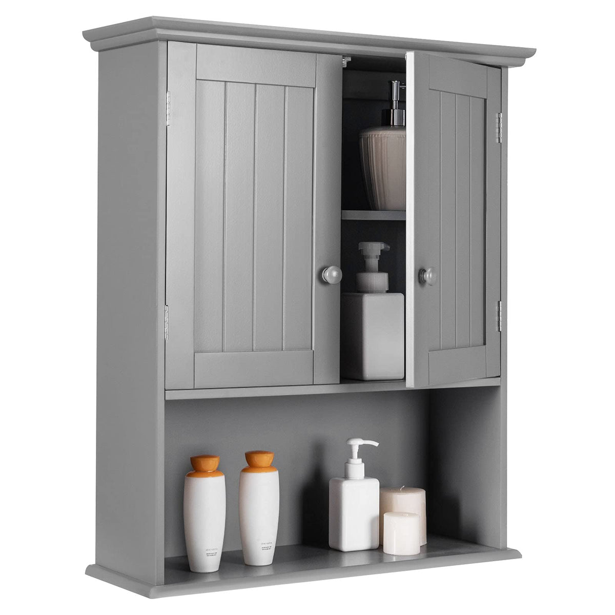 Bathroom Wall Cabinet, Wall Mounted Wooden Kitchen Cupboard Storage Cabinet, w/2 Doors & 2-Tier Adjustable Shelves (Gray)