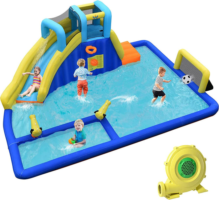 Inflatable Water Slide for Kids, 6-in-1 Kids Giant Water Park w/Large Water Soccer Splash Pool, Water Cannons