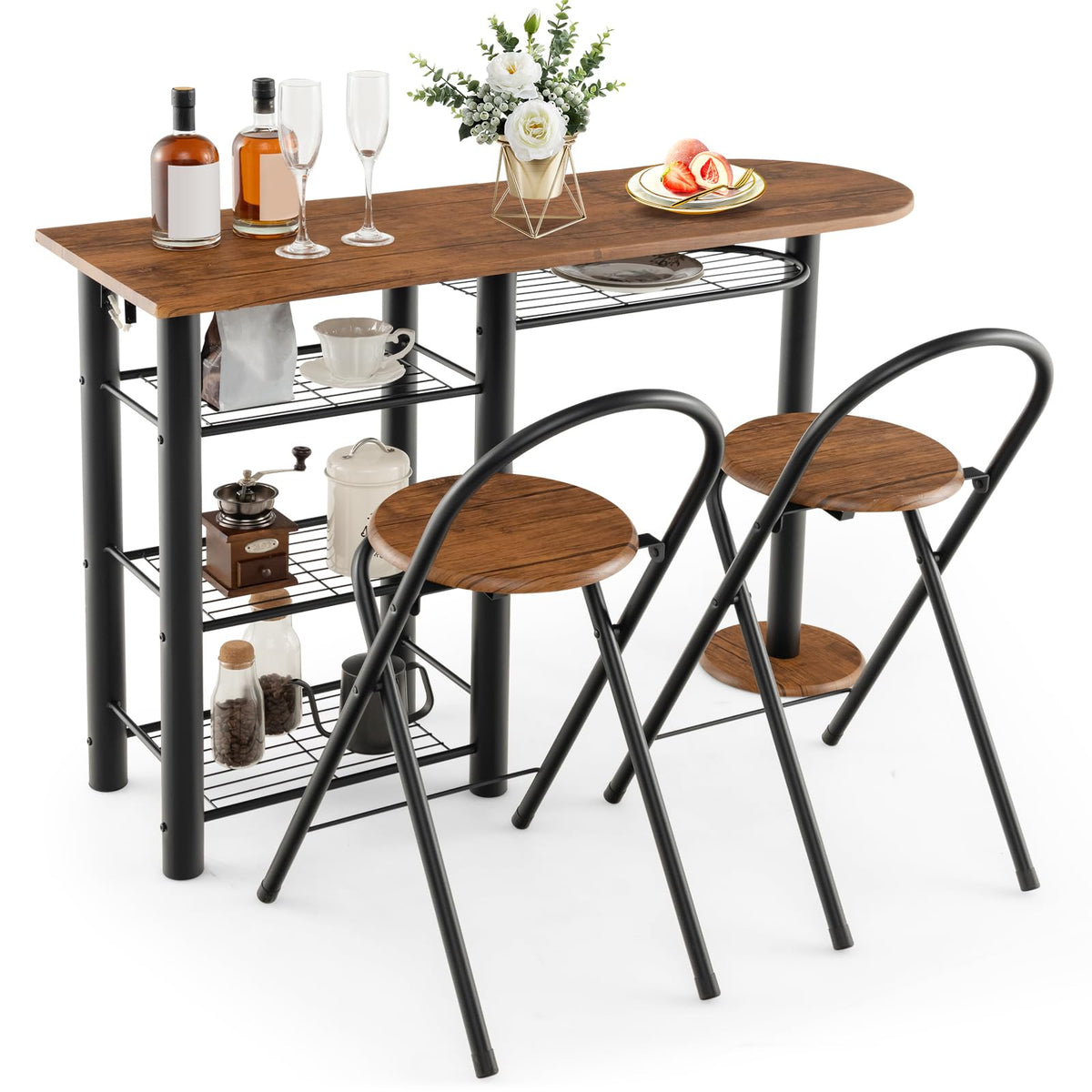 Giantex 3-Piece Dining Table Set Retro Dining Table & 2 Foldable Chairs w/ 4-Tier Storage Shelf