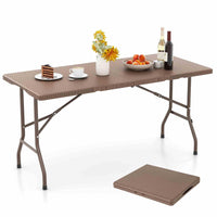 1.5m Folding Picnic Table, Outdoor Dining Table w/Rattan Grain HDPE Tabletop, Sturdy Metal Fame