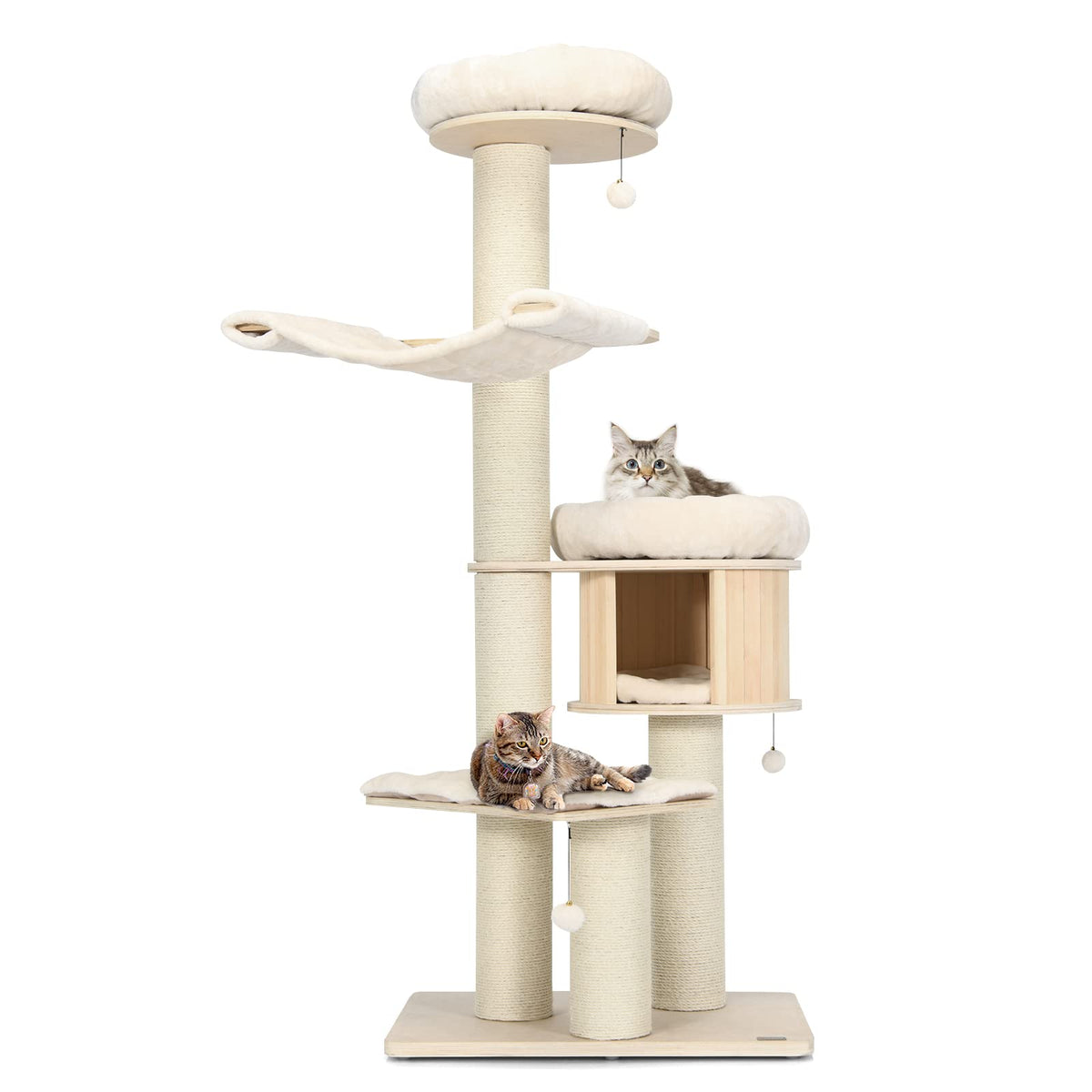 174cm Solid Wood Cat Tree, 4-Layer Cat Tower W/Sisal Scratching Posts, Cat Condo, Top Plush Perch