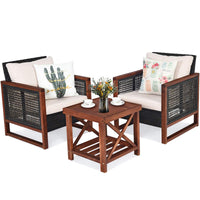 3 Pieces Outdoor Wooden Furniture Bistro Set with Cushioned Sofas